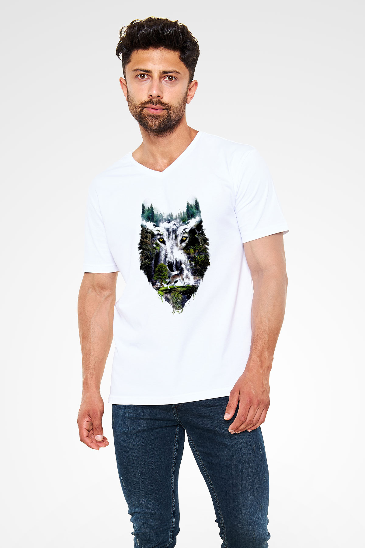 Şelale ve Kurt Baskılı Unisex Beyaz  V Yaka Tişört