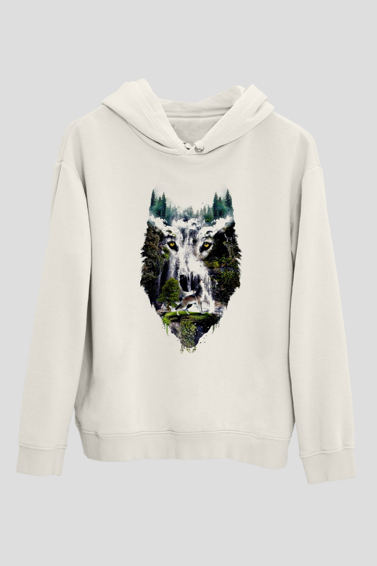 Şelale ve KurtBeyaz  Unisex Hoodie