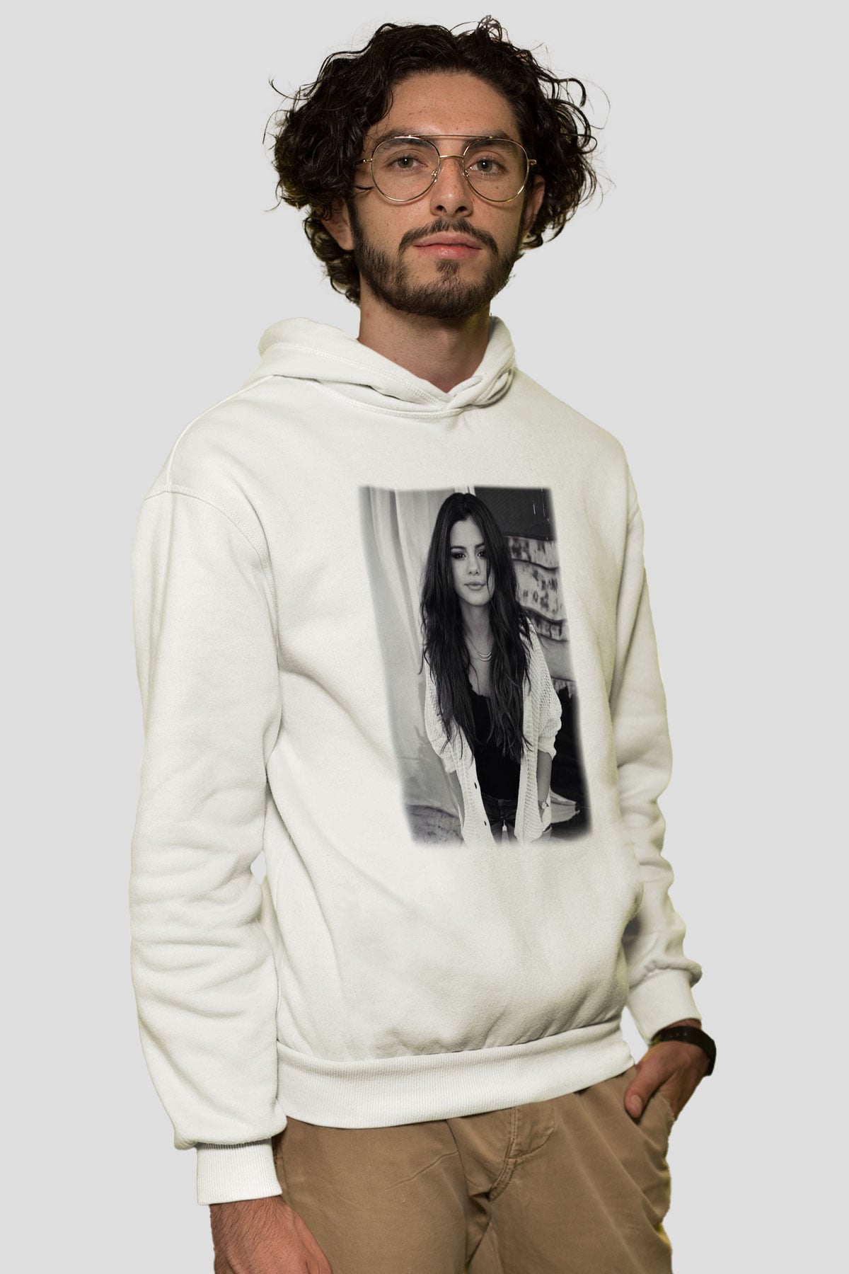 Selena Gomez Beyaz Unisex Kapşonlu Sweatshirt