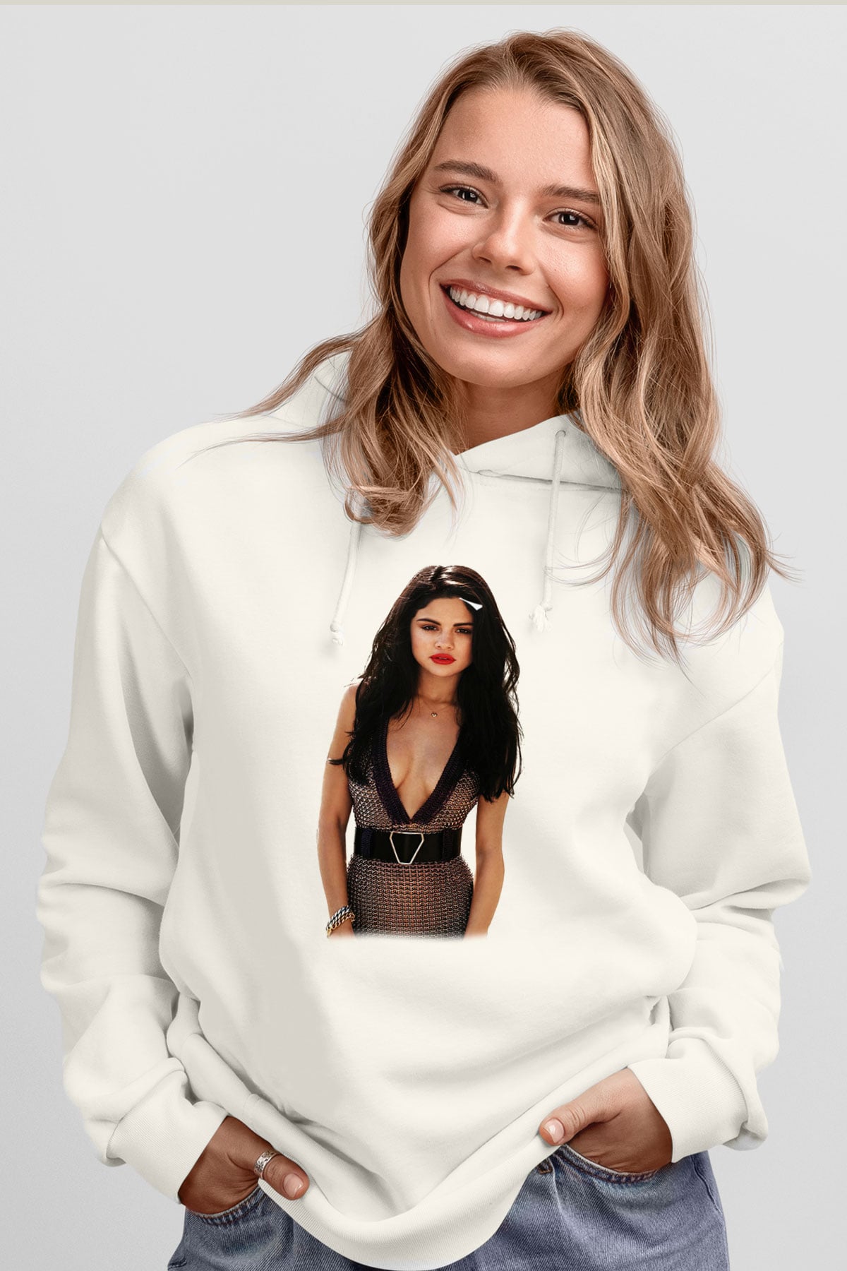 Selena Gomez Beyaz Unisex Kapşonlu Sweatshirt