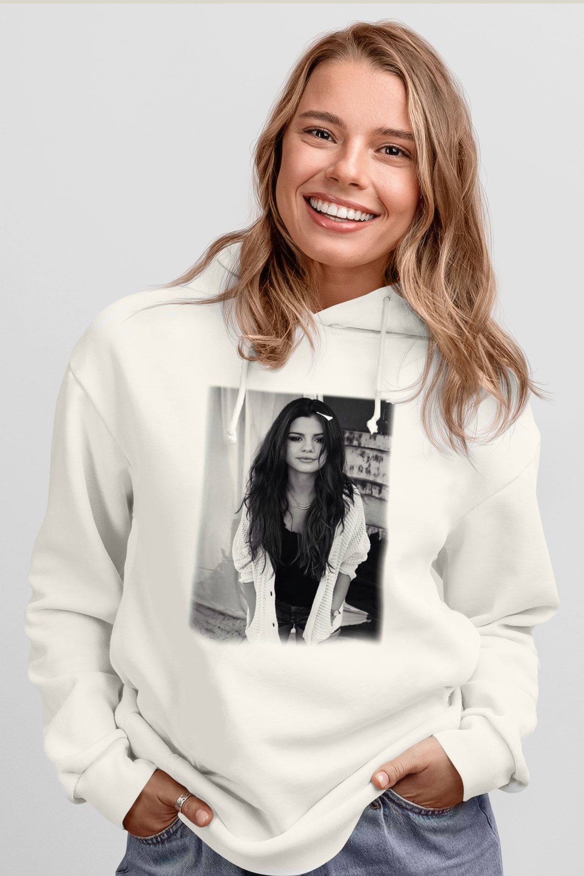 Selena Gomez Beyaz Unisex Kapşonlu Sweatshirt