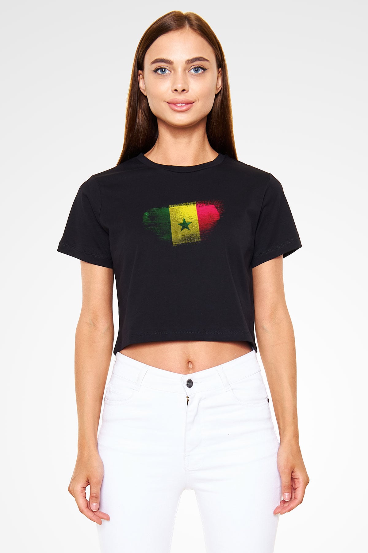 Senegal Bayrağı Baskılı Kadın Crop Top Siyah Tişört