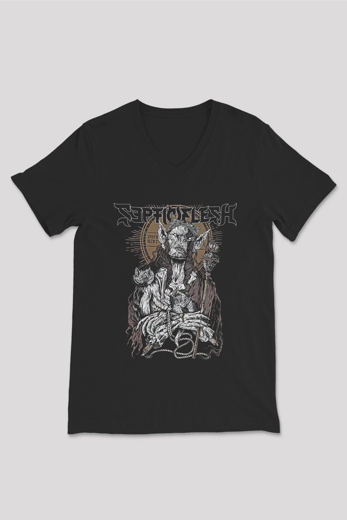 Septicflesh Baskılı Unisex Siyah V Yaka Tişört - Tshirt