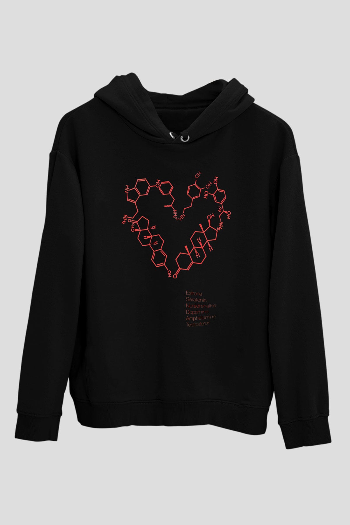 Seratonin Dopamin Bağ Yapıları Kalp Baskılı Unisex Siyah Hoodie