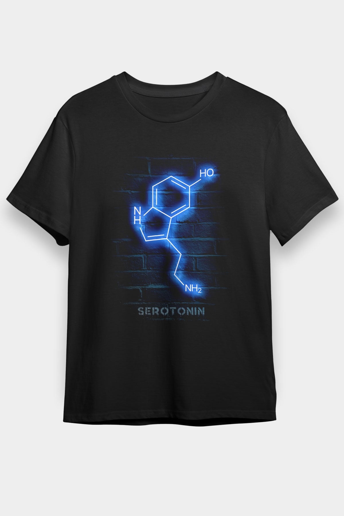 Seratonin Molekülü Neon Baskılı Unisex Siyah Tişört - Tshirt