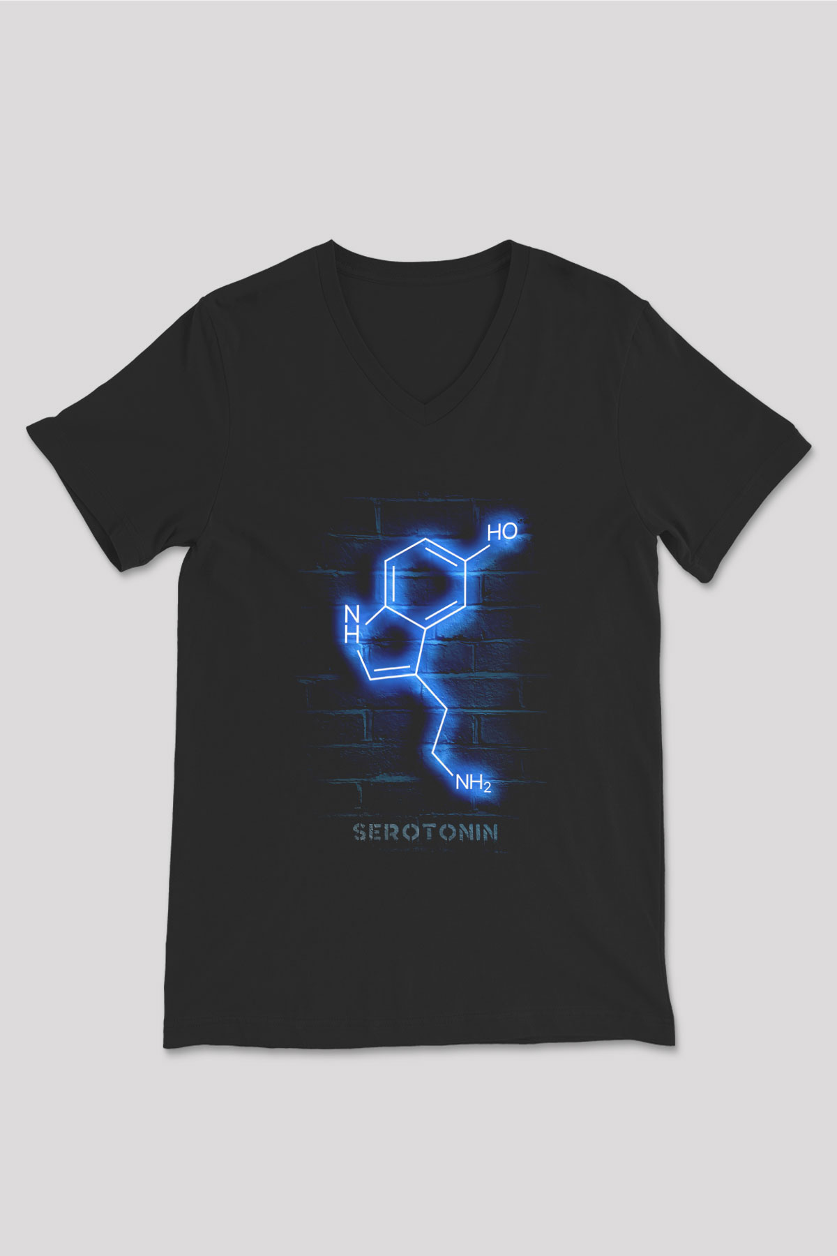Seratonin Molekülü Neon Baskılı Unisex V Yaka Siyah Tİşört - Tshirt
