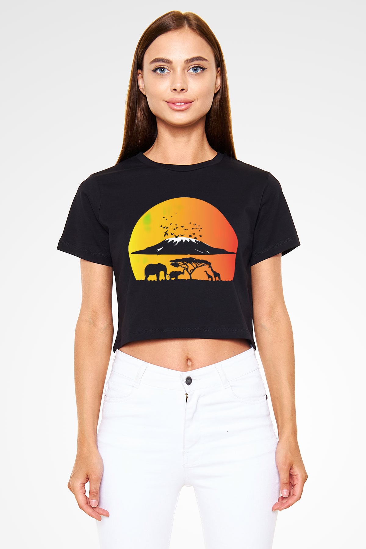 Serengeti Milli Park Siyah Crop Top Tişört