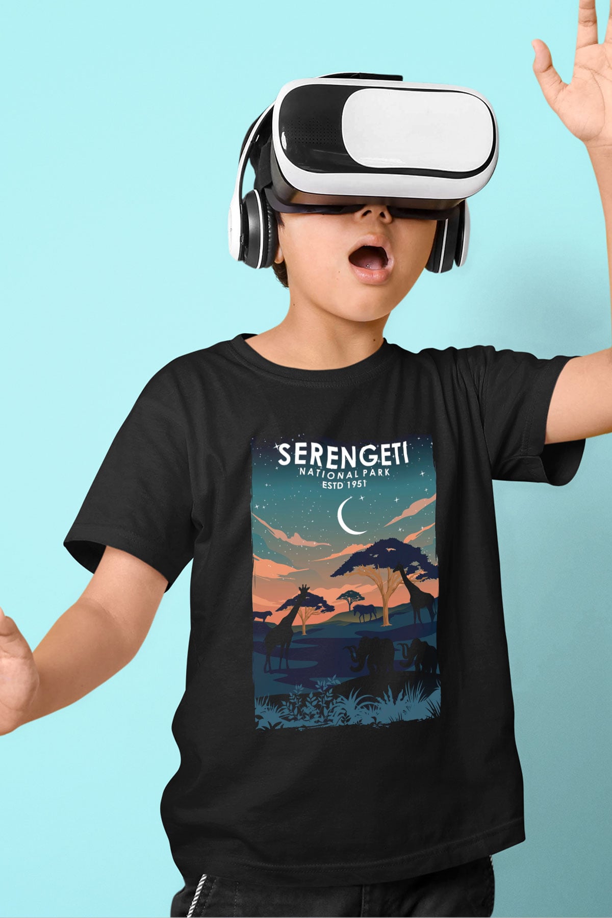 Serengeti Milli Park Siyah Unisex Çocuk Tişört