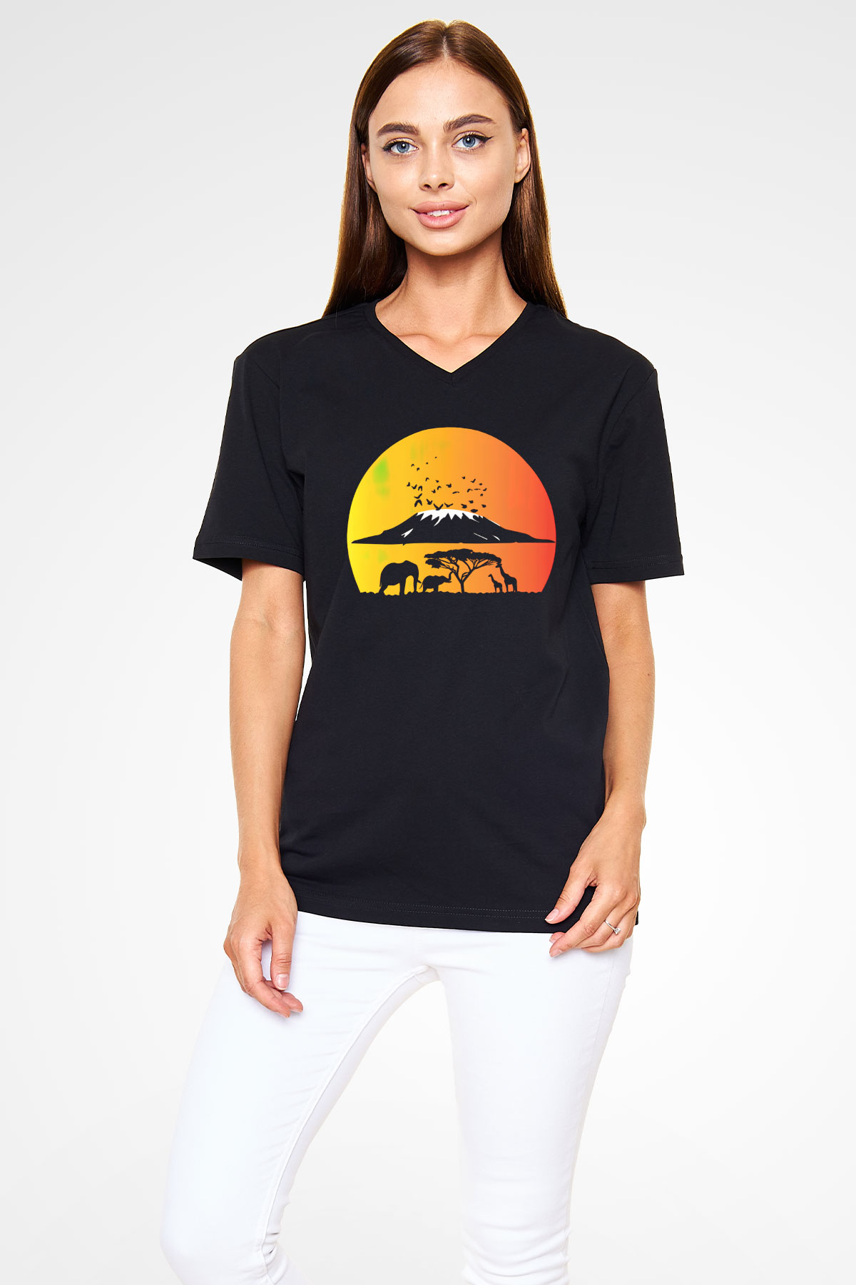 Serengeti Milli Park Siyah Unisex V Yaka Tişört T-Shirt