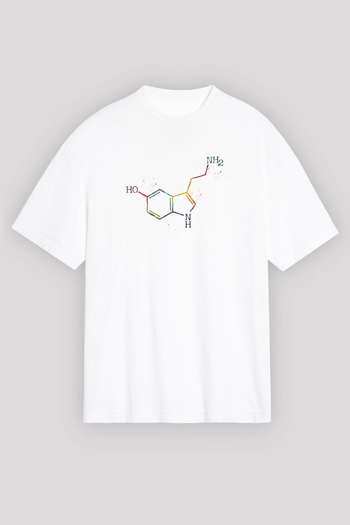 Serotonin Molekülü Baskılı Unisex Oversize Beyaz Tişört - Tshirt