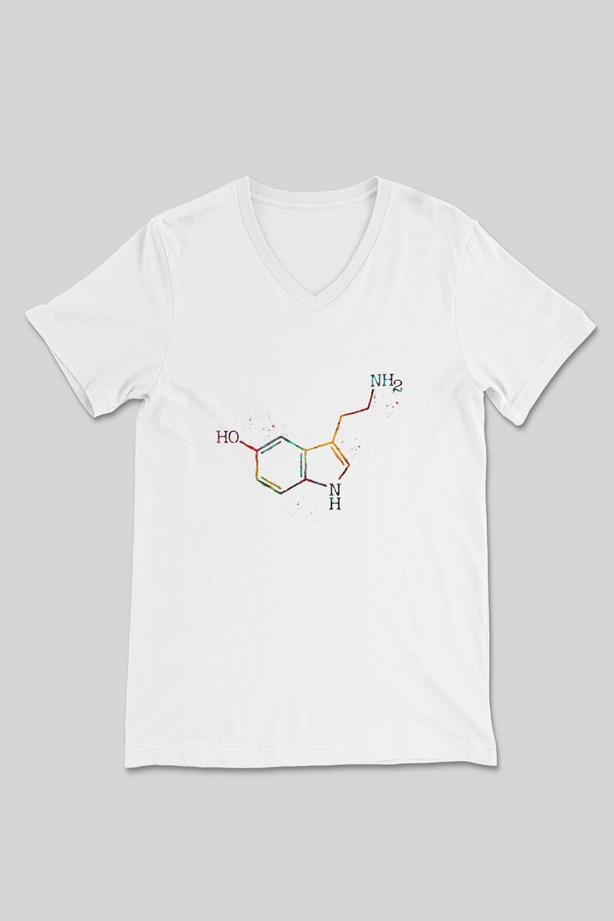 Serotonin Molekülü Baskılı Unisex V Yaka Beyaz Tişört - Tshirt