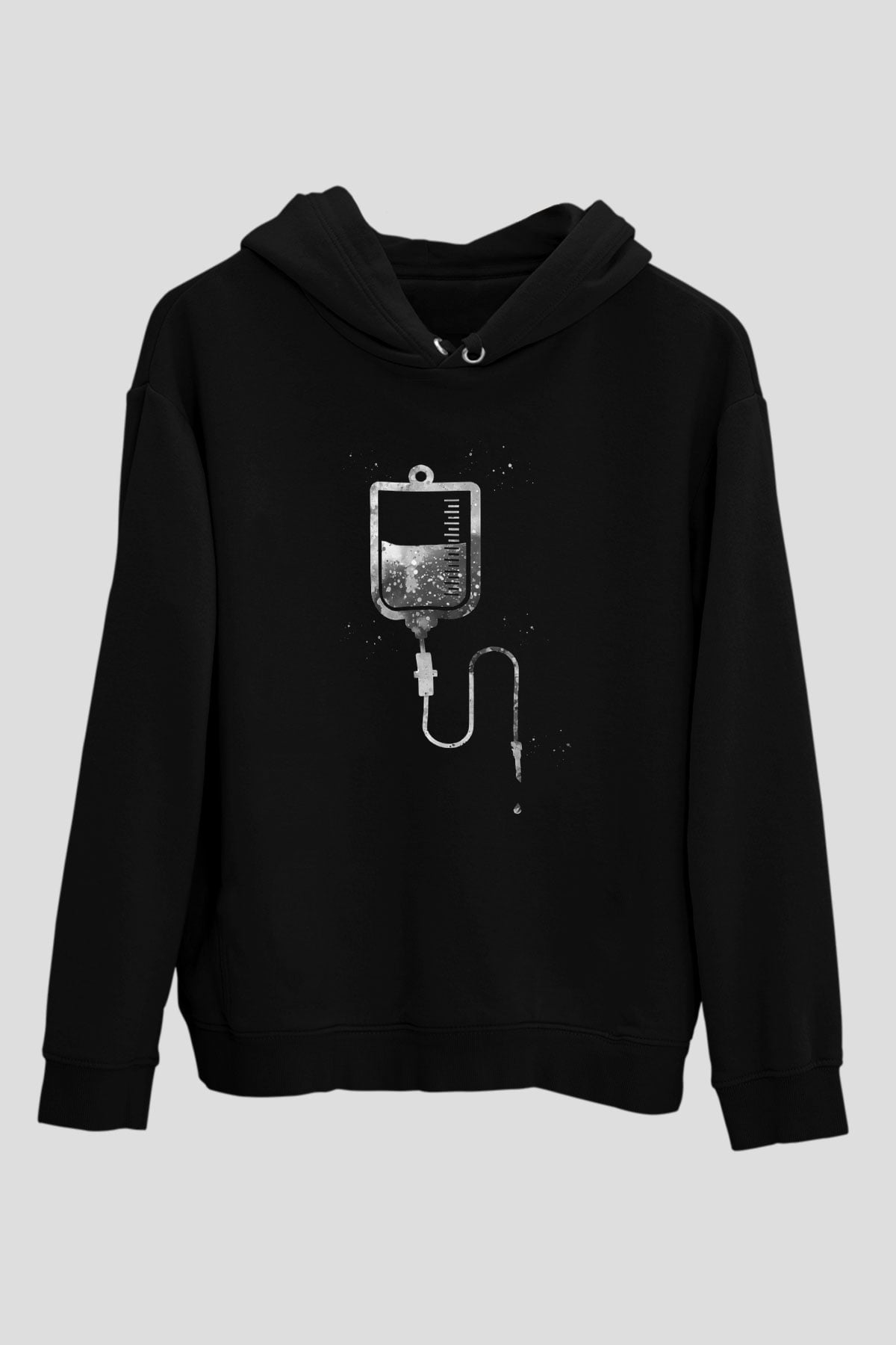 Serum Baskılı Unisex Siyah Kapüşonlu Sweatshirt