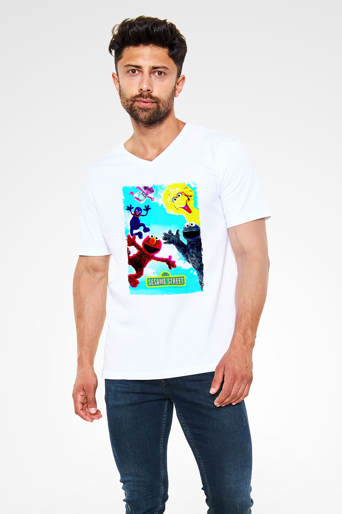 Sesame Street Susam Sokağı Beyaz Unisex  V Yaka Tişört