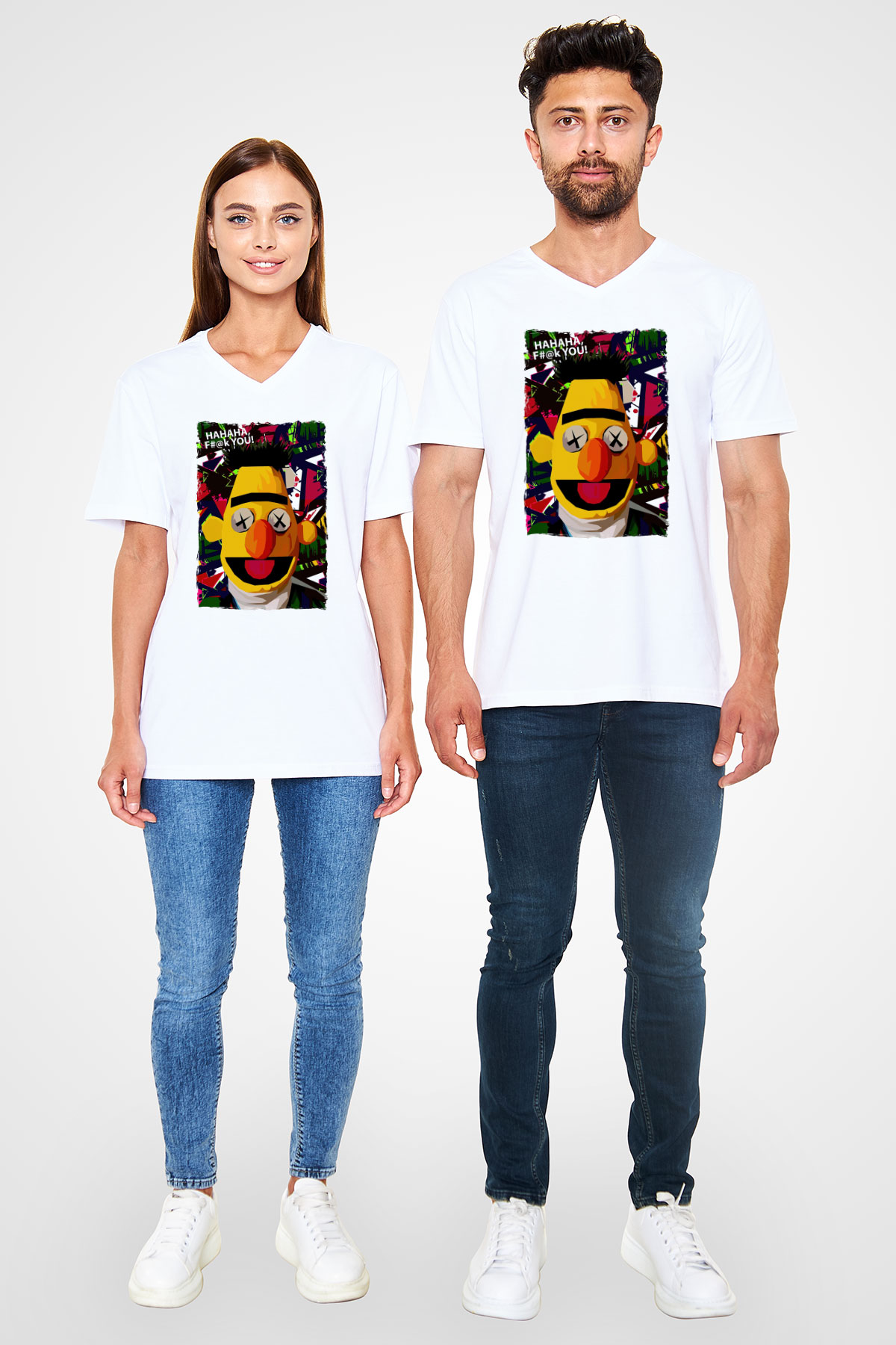 Sesame Street Susam Sokağı Beyaz Unisex  V Yaka Tişört