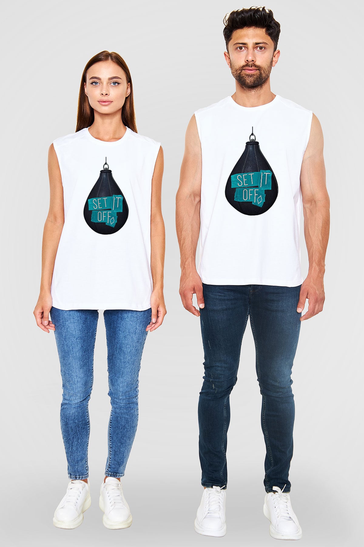 Set it off  Baskılı Beyaz Unisex Kolsuz Tişört - Tshirt