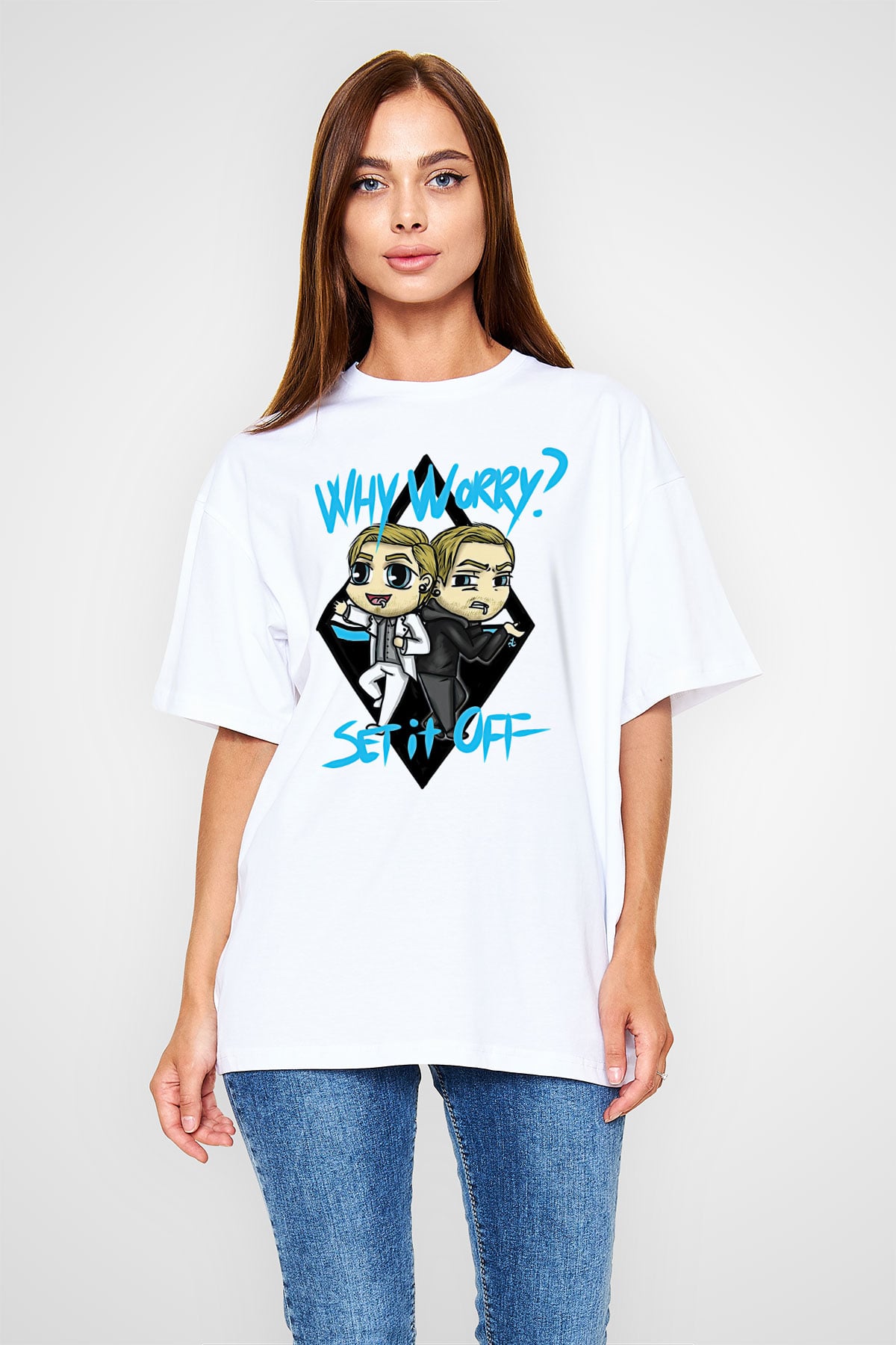 Set it off  Baskılı Beyaz Unisex Oversize Tişört - Tshirt