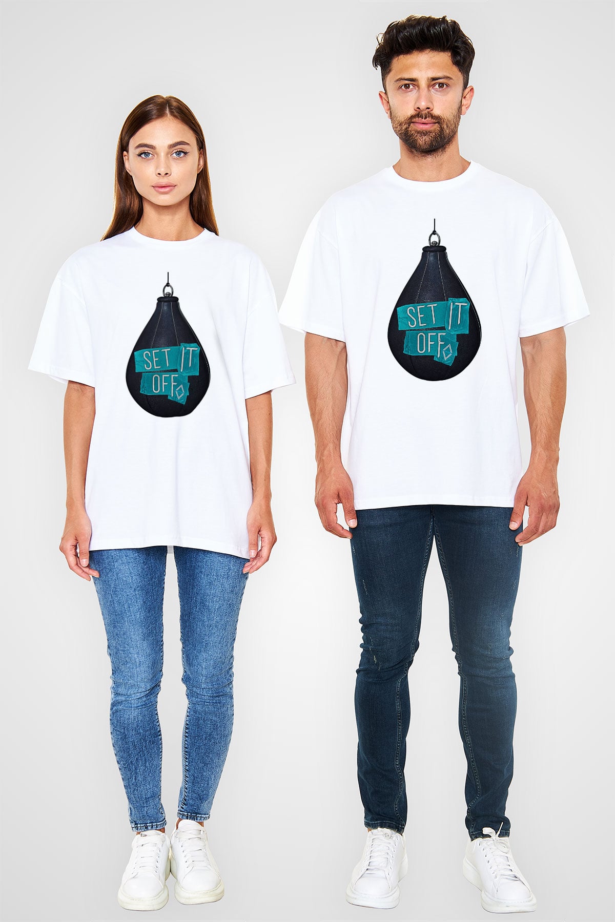 Set it off  Baskılı Beyaz Unisex Oversize Tişört - Tshirt