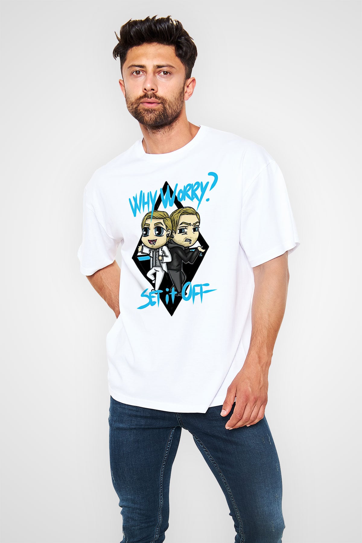 Set it off  Baskılı Beyaz Unisex Oversize Tişört - Tshirt
