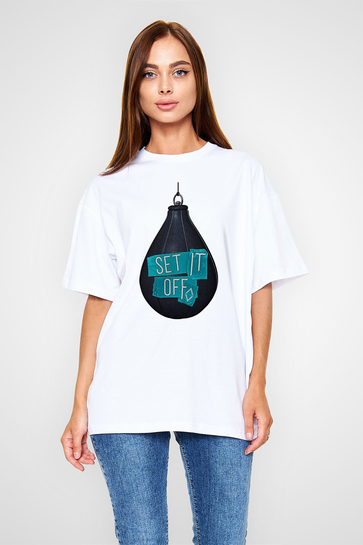 Set it off  Baskılı Beyaz Unisex Oversize Tişört - Tshirt