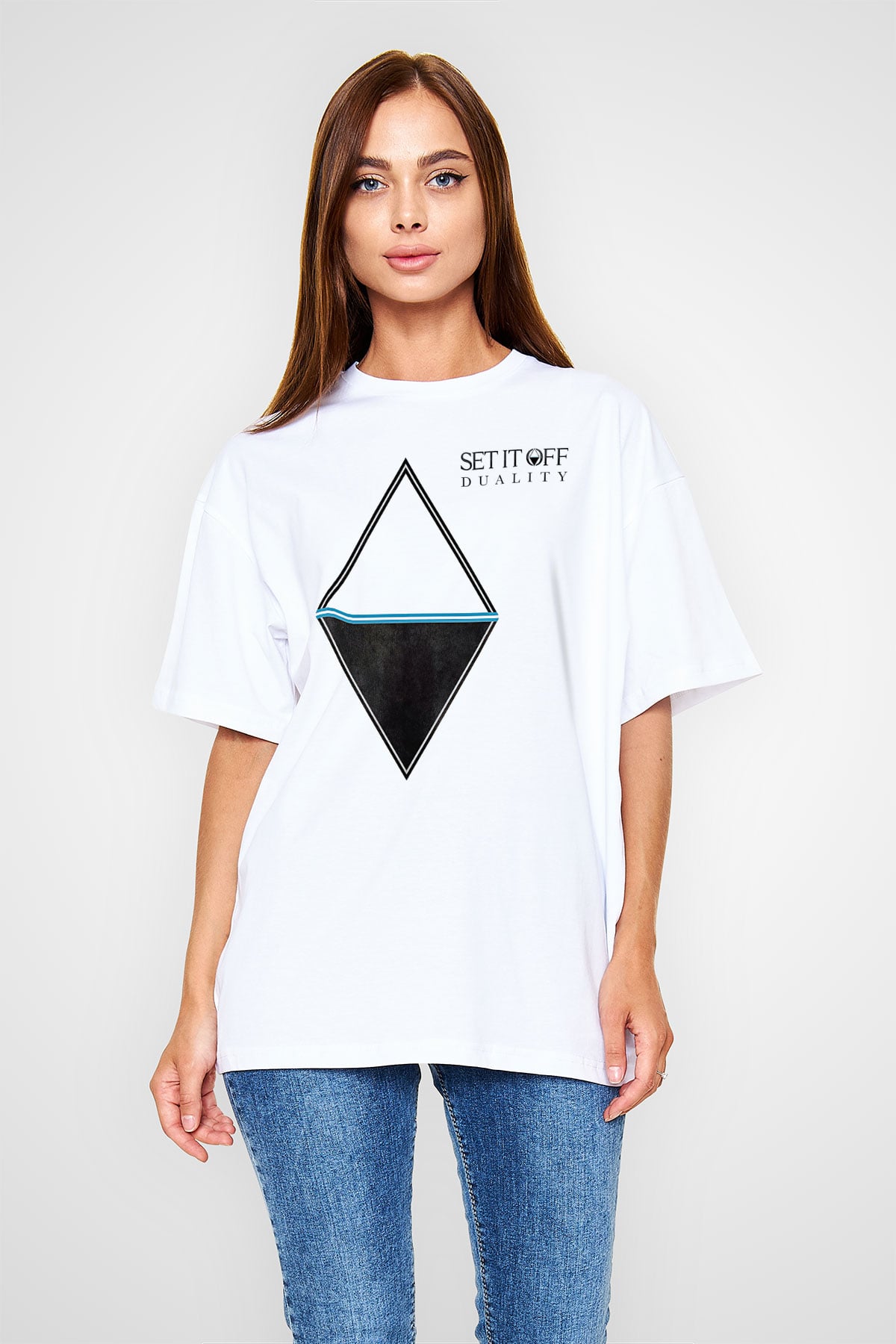 Set it off  Baskılı Beyaz Unisex Oversize Tişört - Tshirt