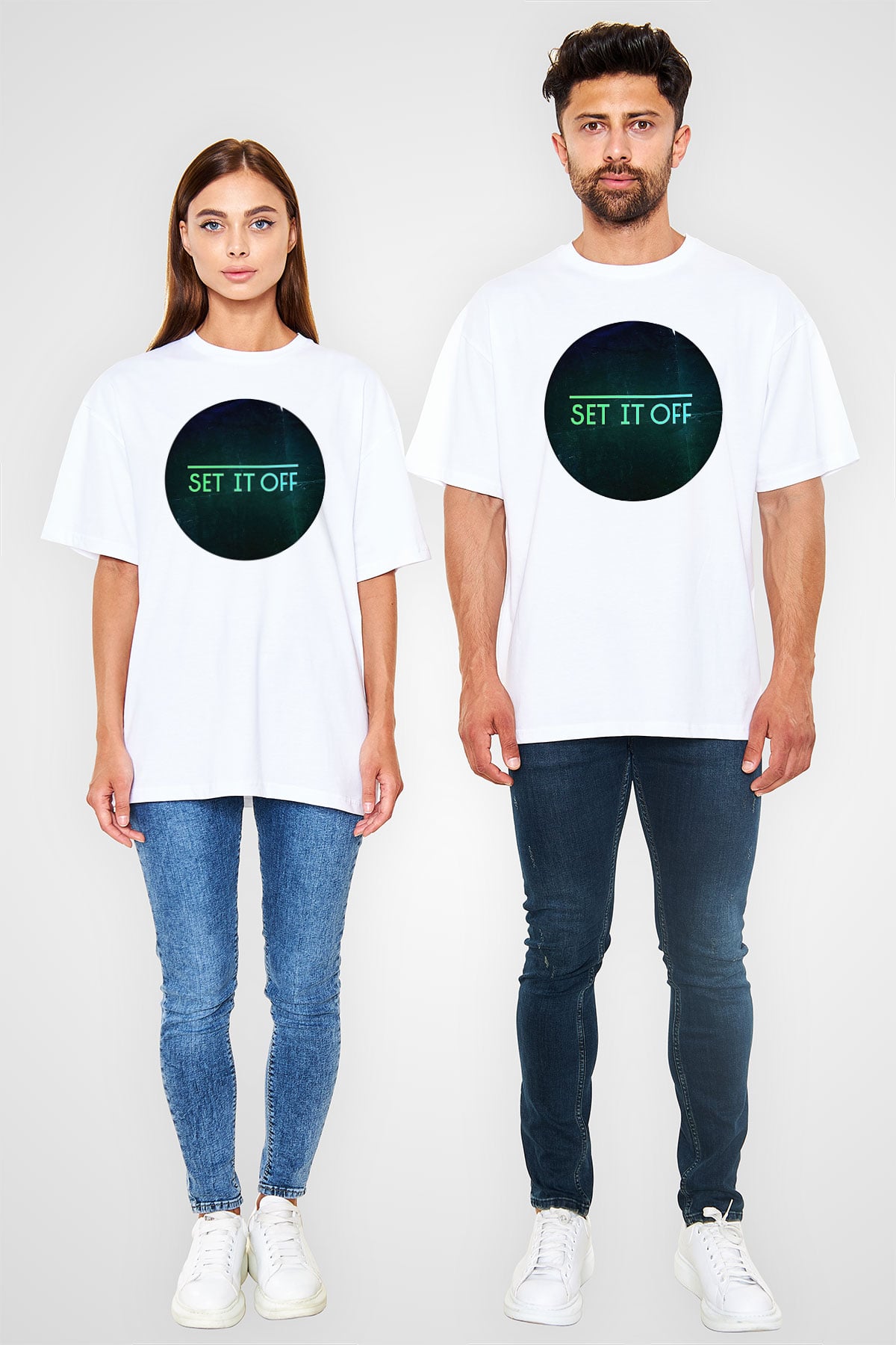 Set it off  Baskılı Beyaz Unisex Oversize Tişört - Tshirt