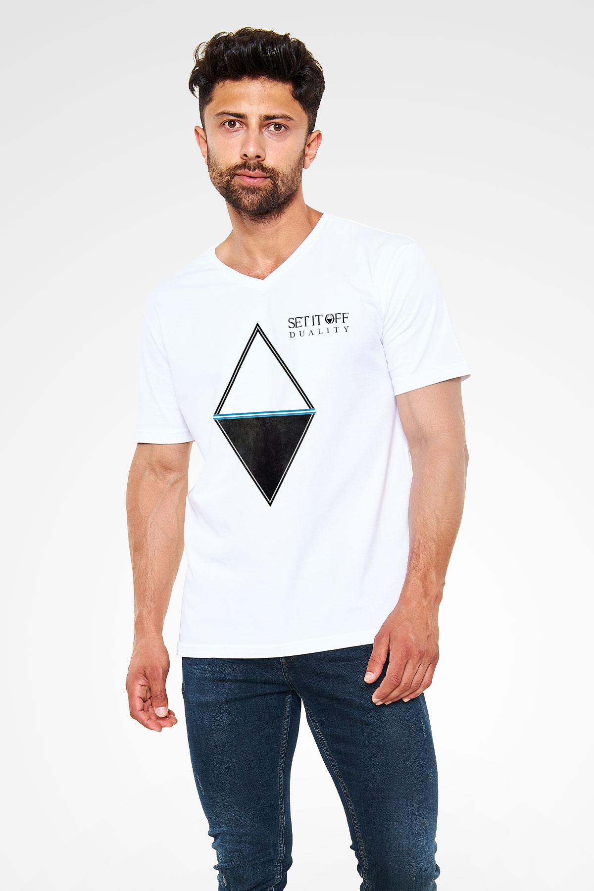 Set it off  Baskılı Beyaz Unisex V Yaka Tişört - Tshirt