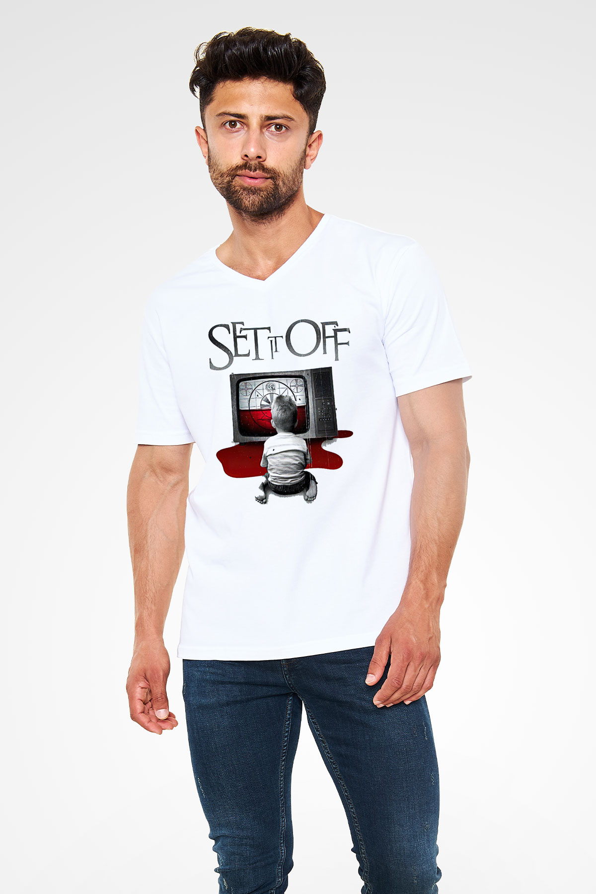 Set it off  Baskılı Beyaz Unisex V Yaka Tişört - Tshirt