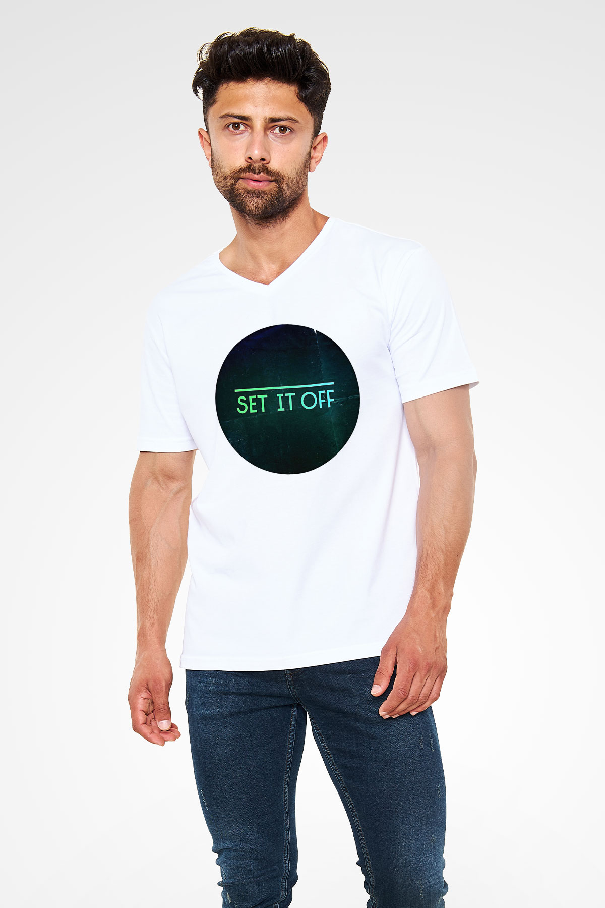 Set it off  Baskılı Beyaz Unisex V Yaka Tişört - Tshirt