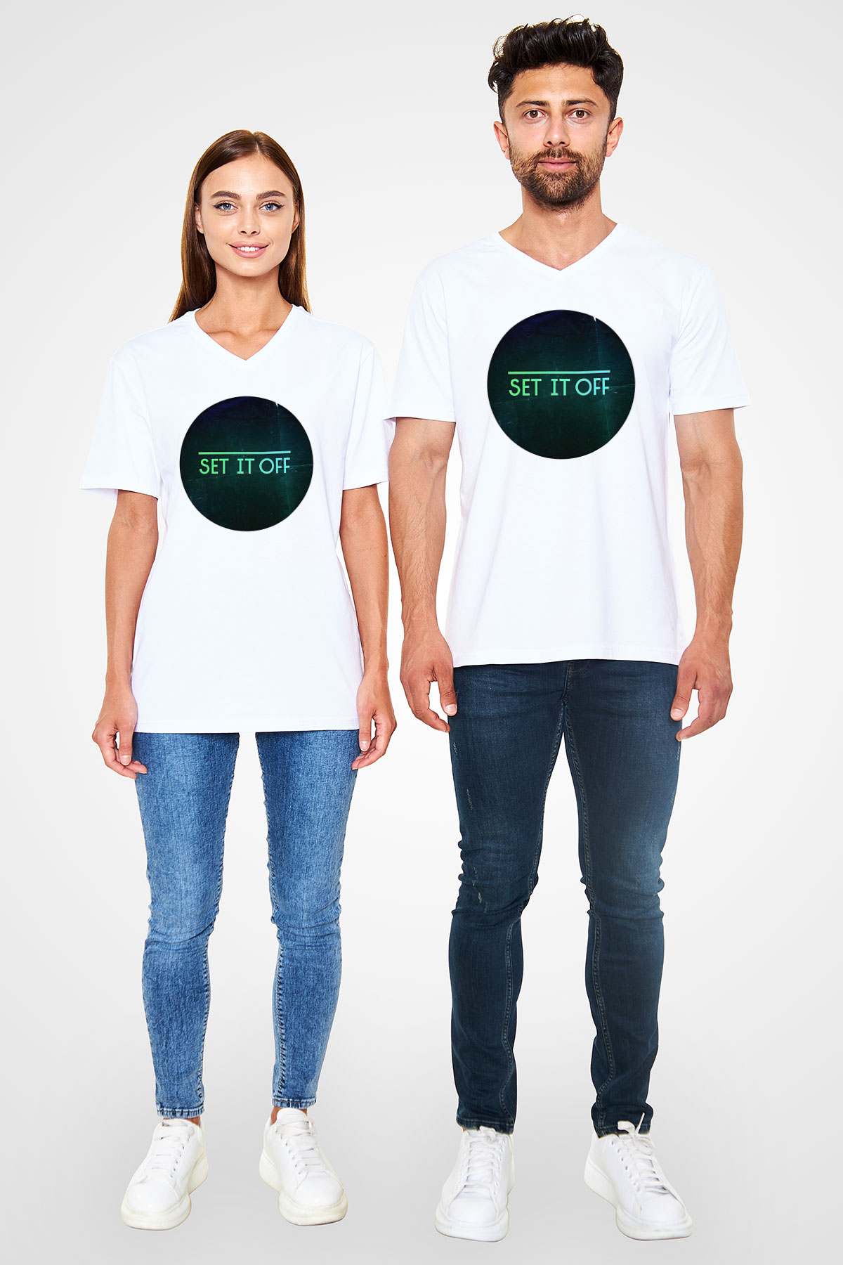 Set it off  Baskılı Beyaz Unisex V Yaka Tişört - Tshirt