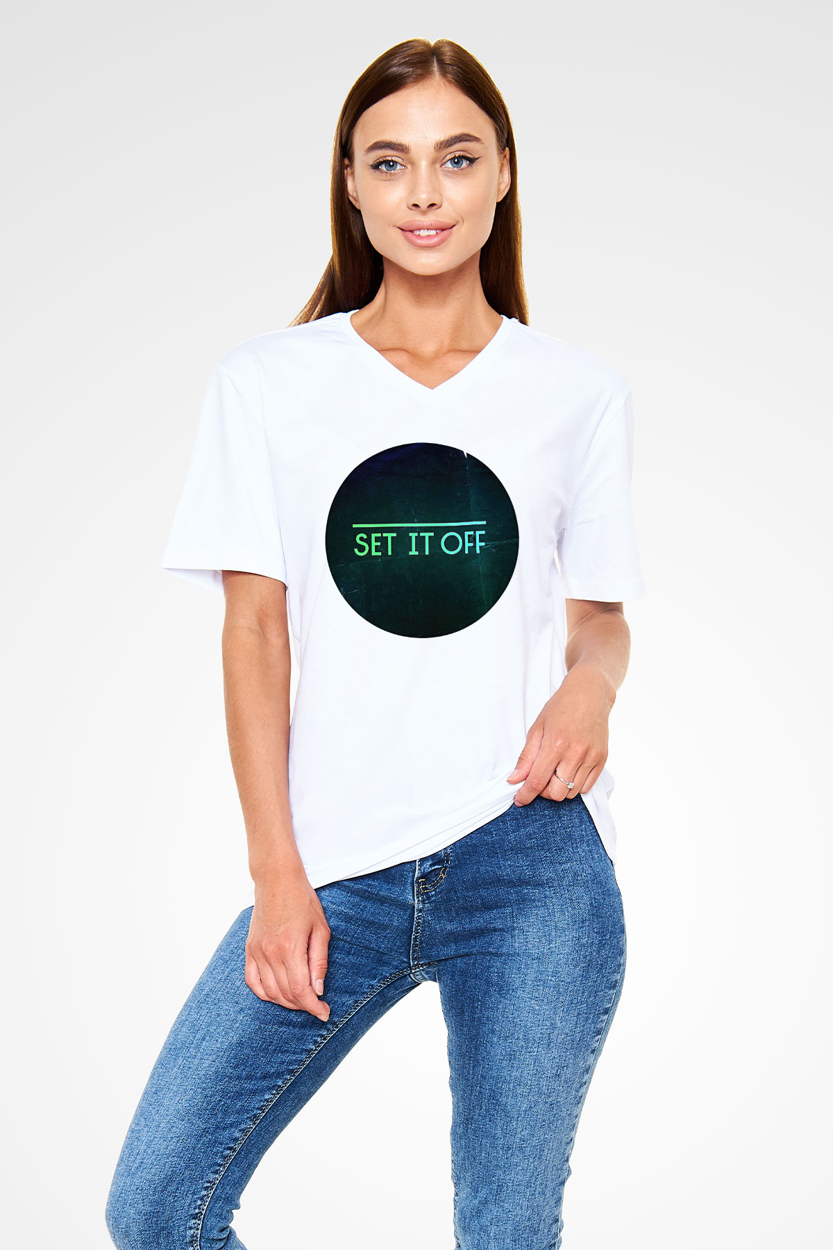 Set it off  Baskılı Beyaz Unisex V Yaka Tişört - Tshirt