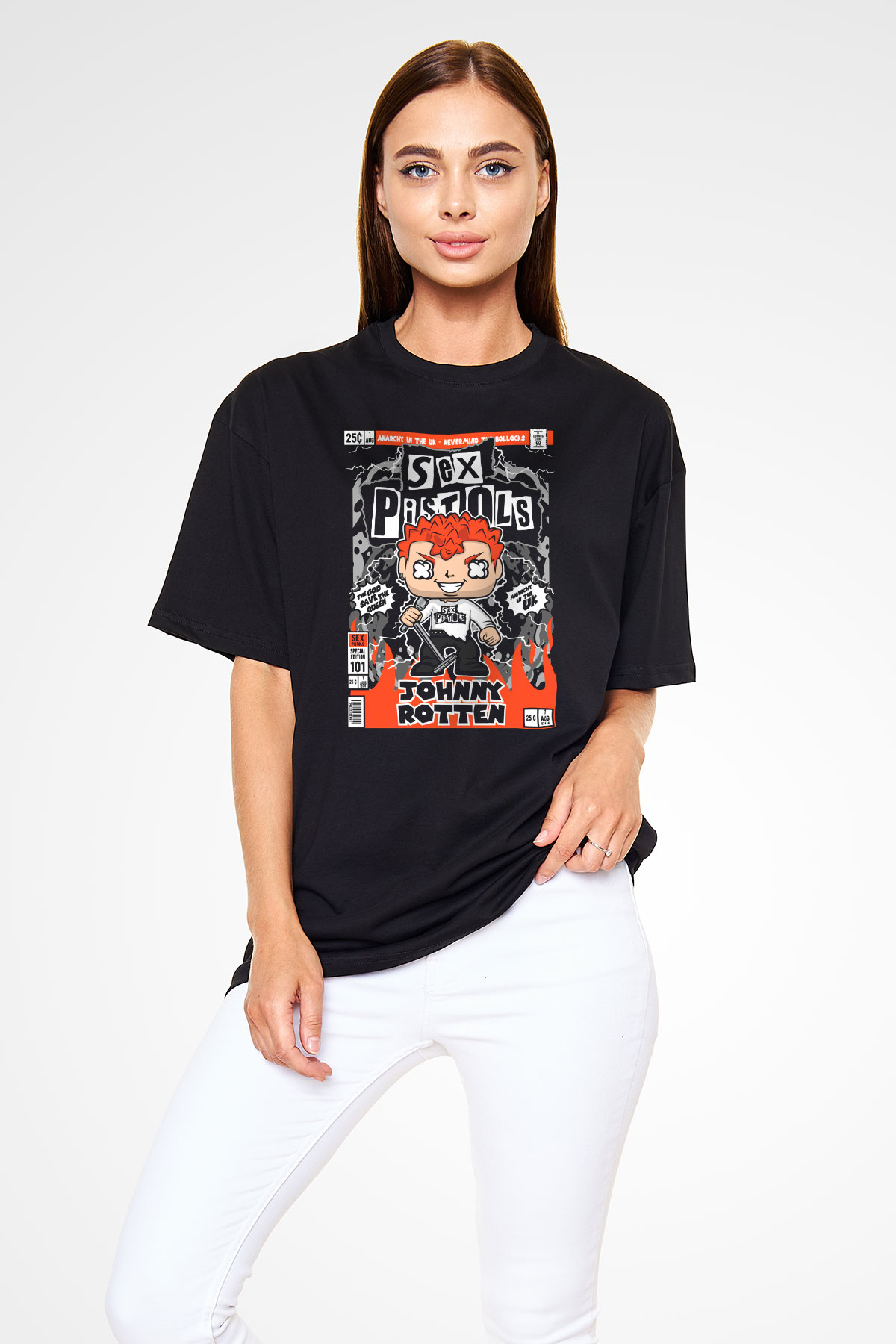 SexPistols Baskılı Unisex Siyah Oversize Tişört
