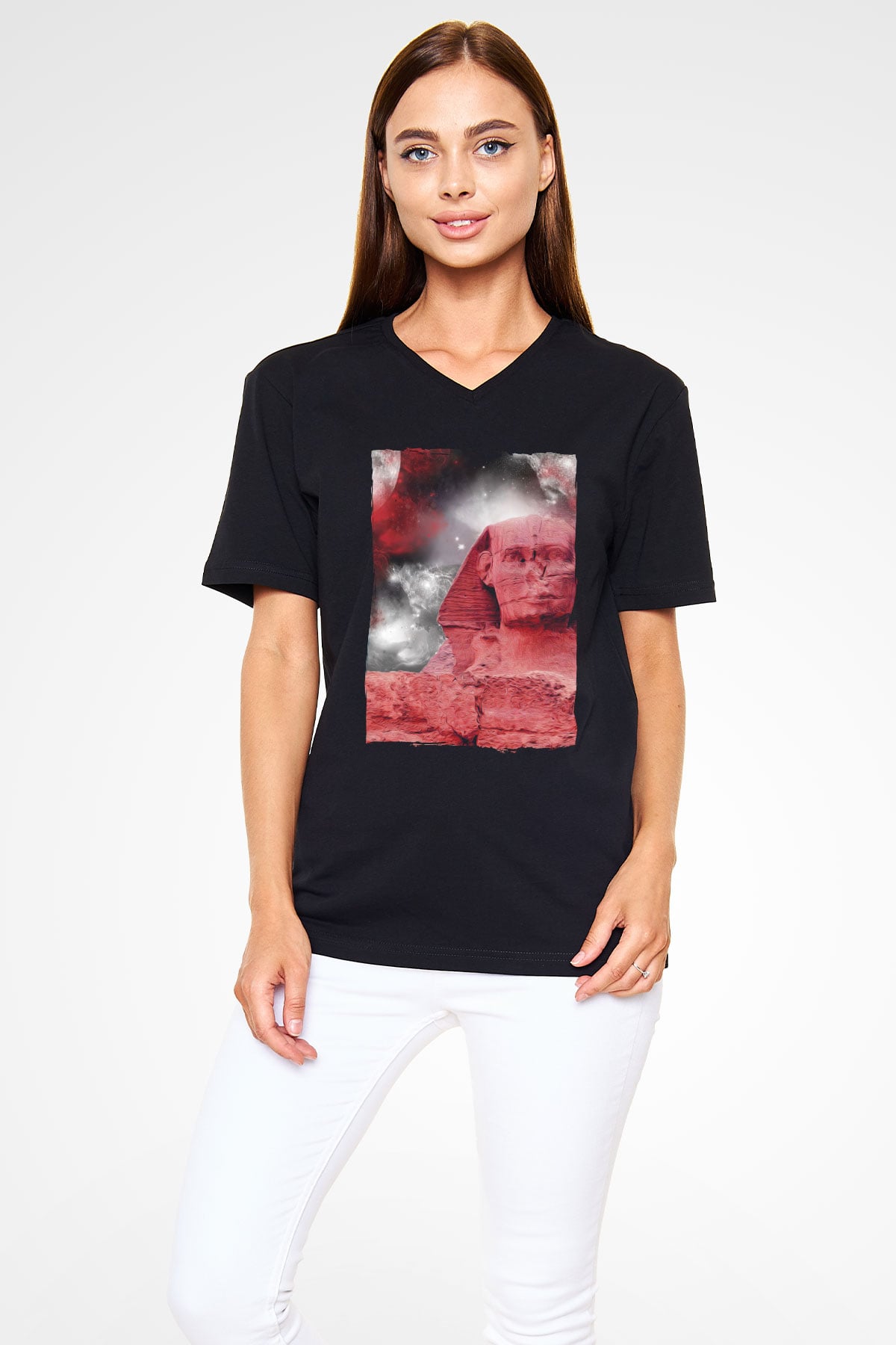 Sfenks Siyah Unisex V Yaka Tişört