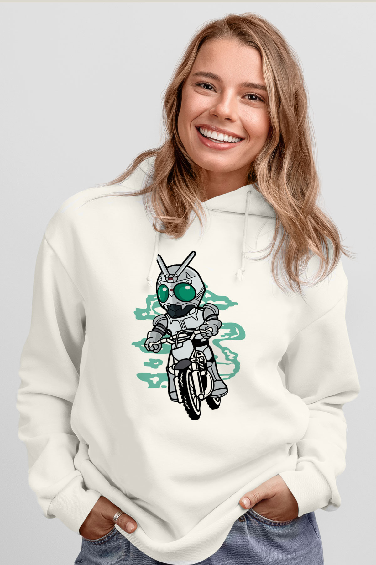 Shadowmoon Motocross Rider Baskılı Beyaz Unisex Hoodie