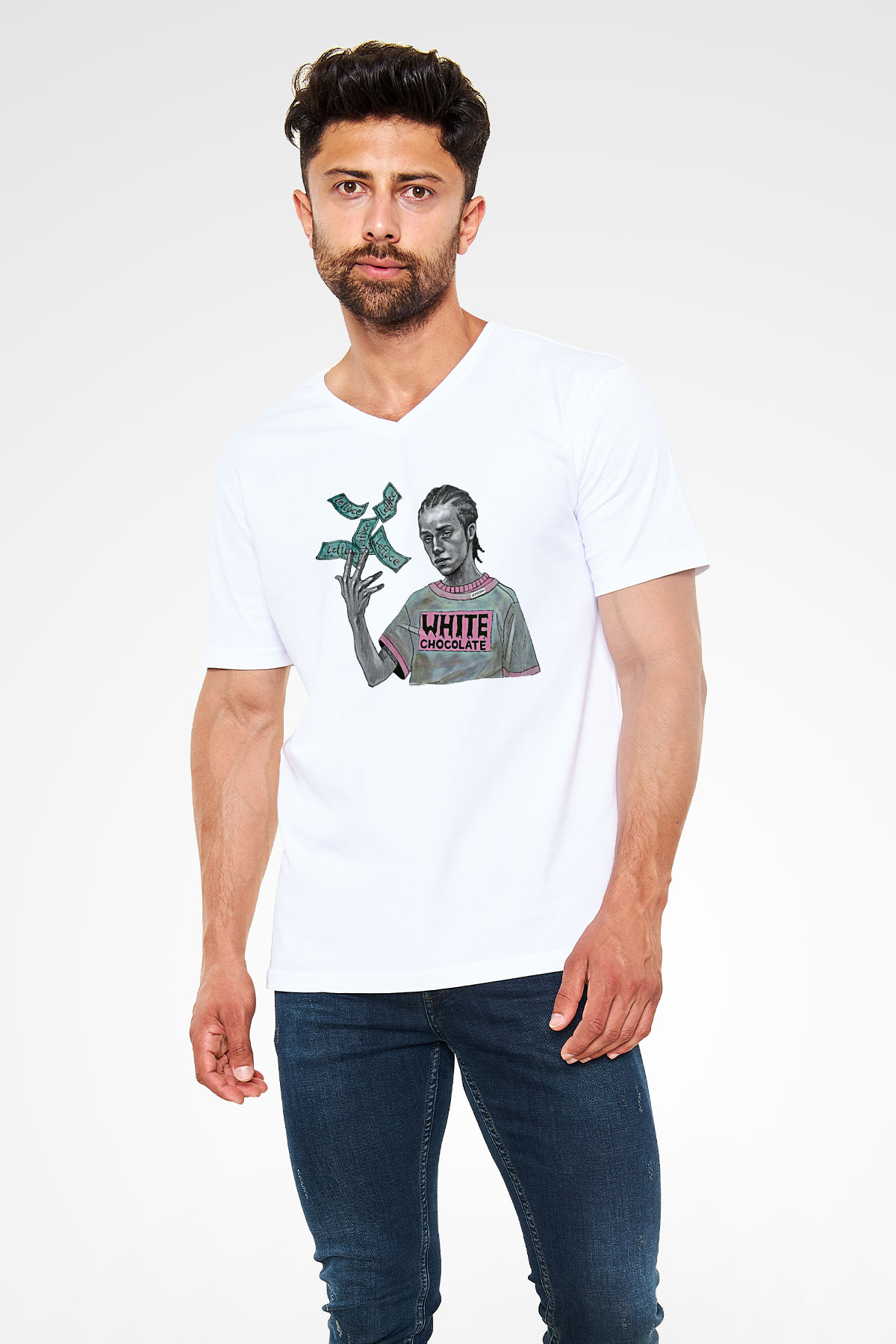 Shameless Baskılı Beyaz Unisex V Yaka Tişört - Tshirt