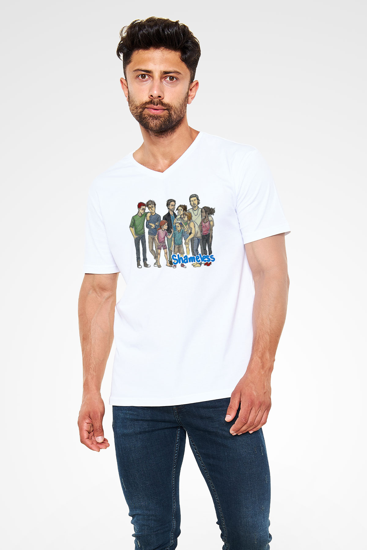Shameless Baskılı Beyaz Unisex V Yaka Tişört - Tshirt
