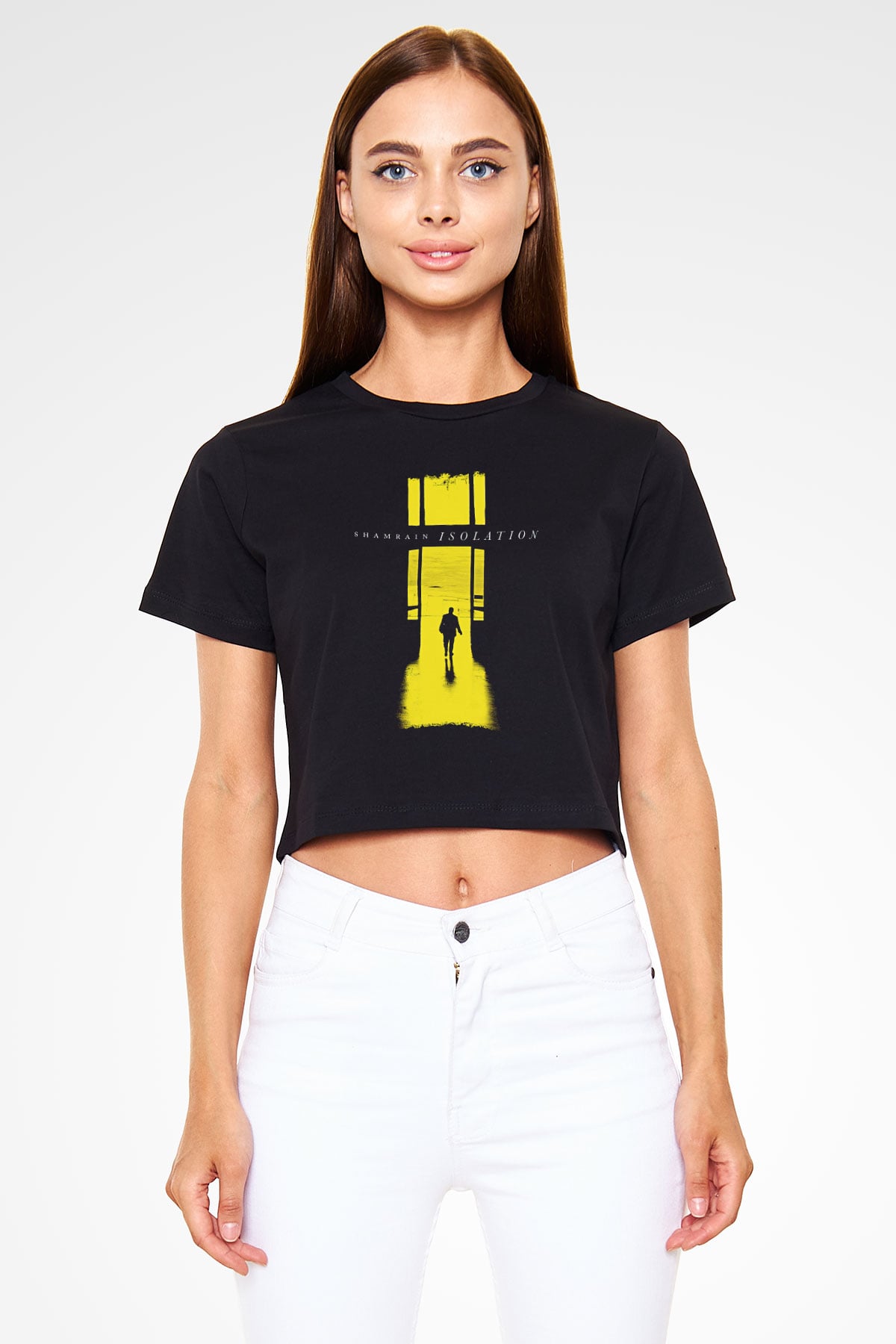 Shamrain Baskılı Siyah Crop Top Kadın Tişört - Tshirt