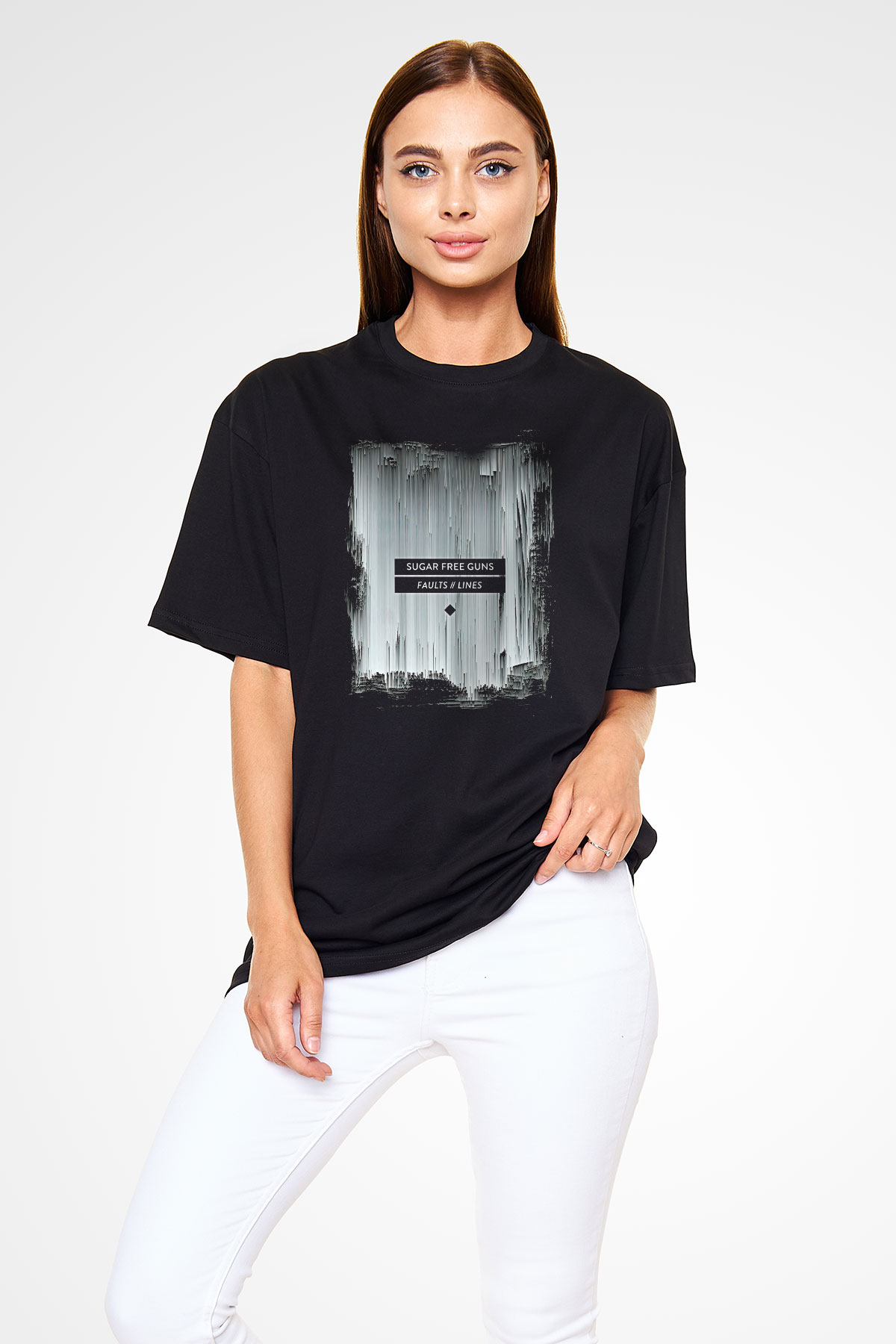Shamrain Baskılı Unisex Siyah Oversize Tişört - Tshirt