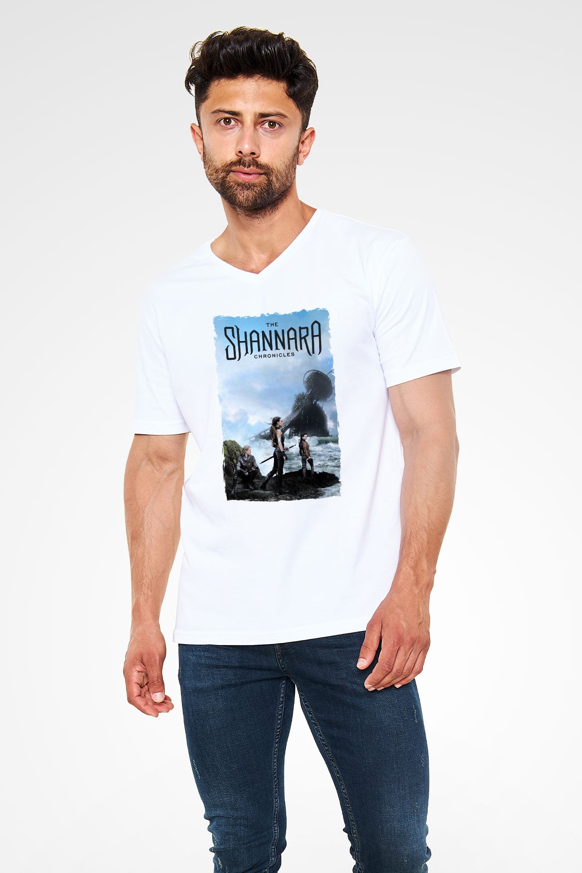 Shannara Chronicles Beyaz Unisex V Yaka Tişört