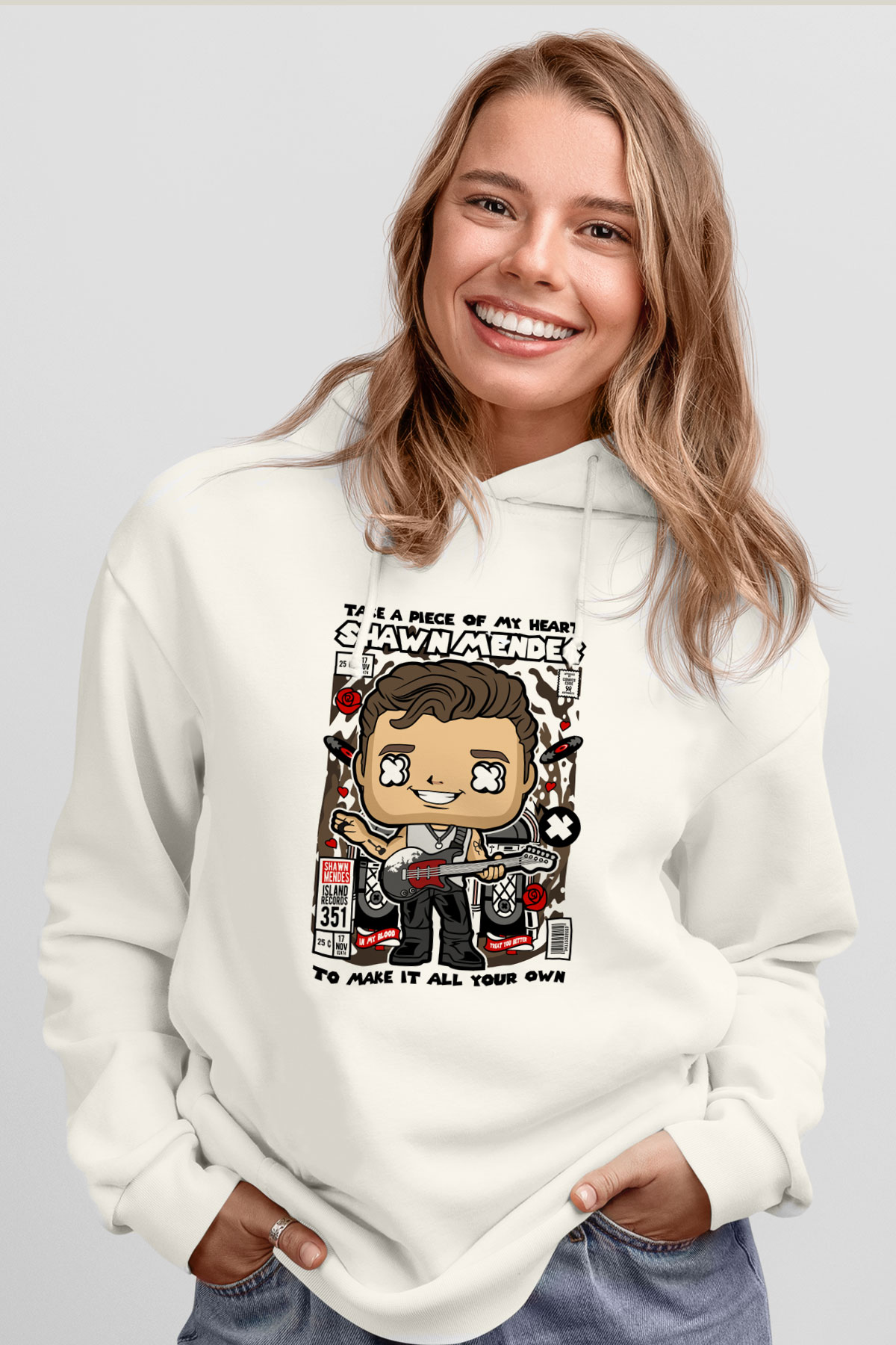 Shawn Mendes Baskılı Unisex Beyaz Hoodie