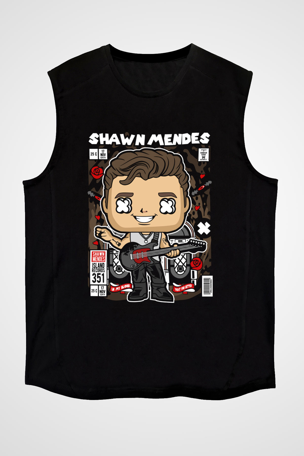 Shawn Mendes Baskılı Unisex Siyah Kolsuz Tişört
