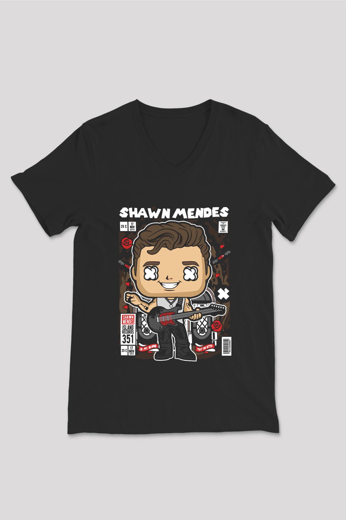 Shawn Mendes Baskılı Unisex Siyah V Yaka Tişört
