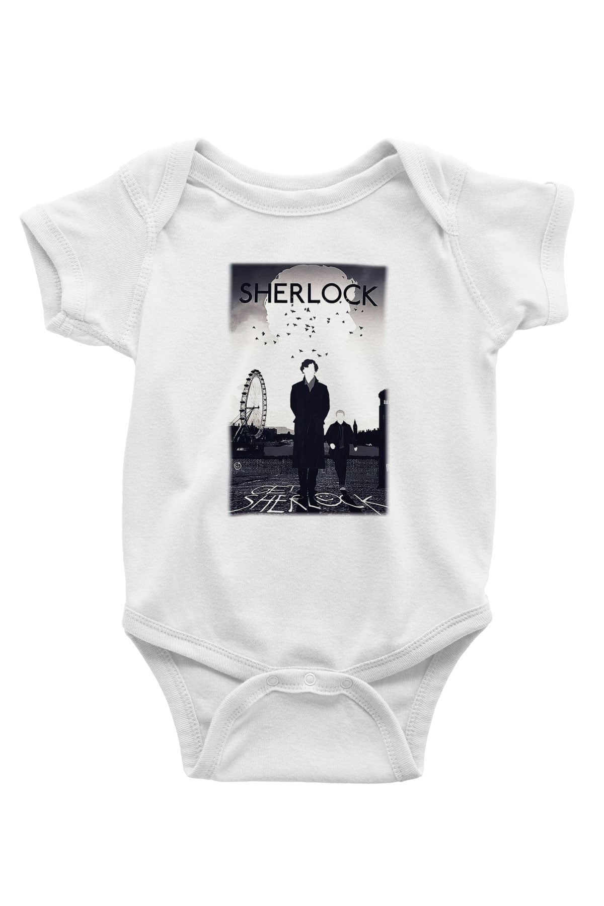 Sherlock Baskılı Beyaz Unisex Bebek Body - Zıbın
