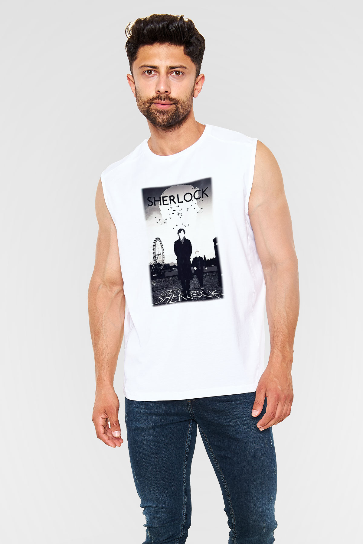 Sherlock Beyaz Unisex Kolsuz Tişört