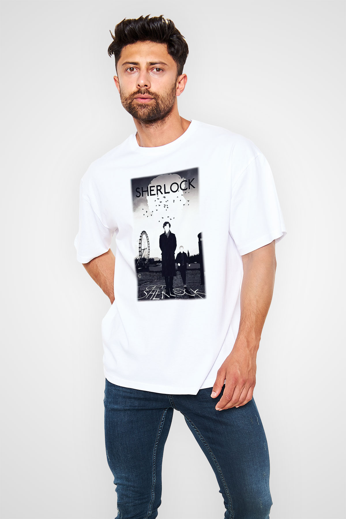 Sherlock Beyaz Unisex Oversize Tişört T-Shirt