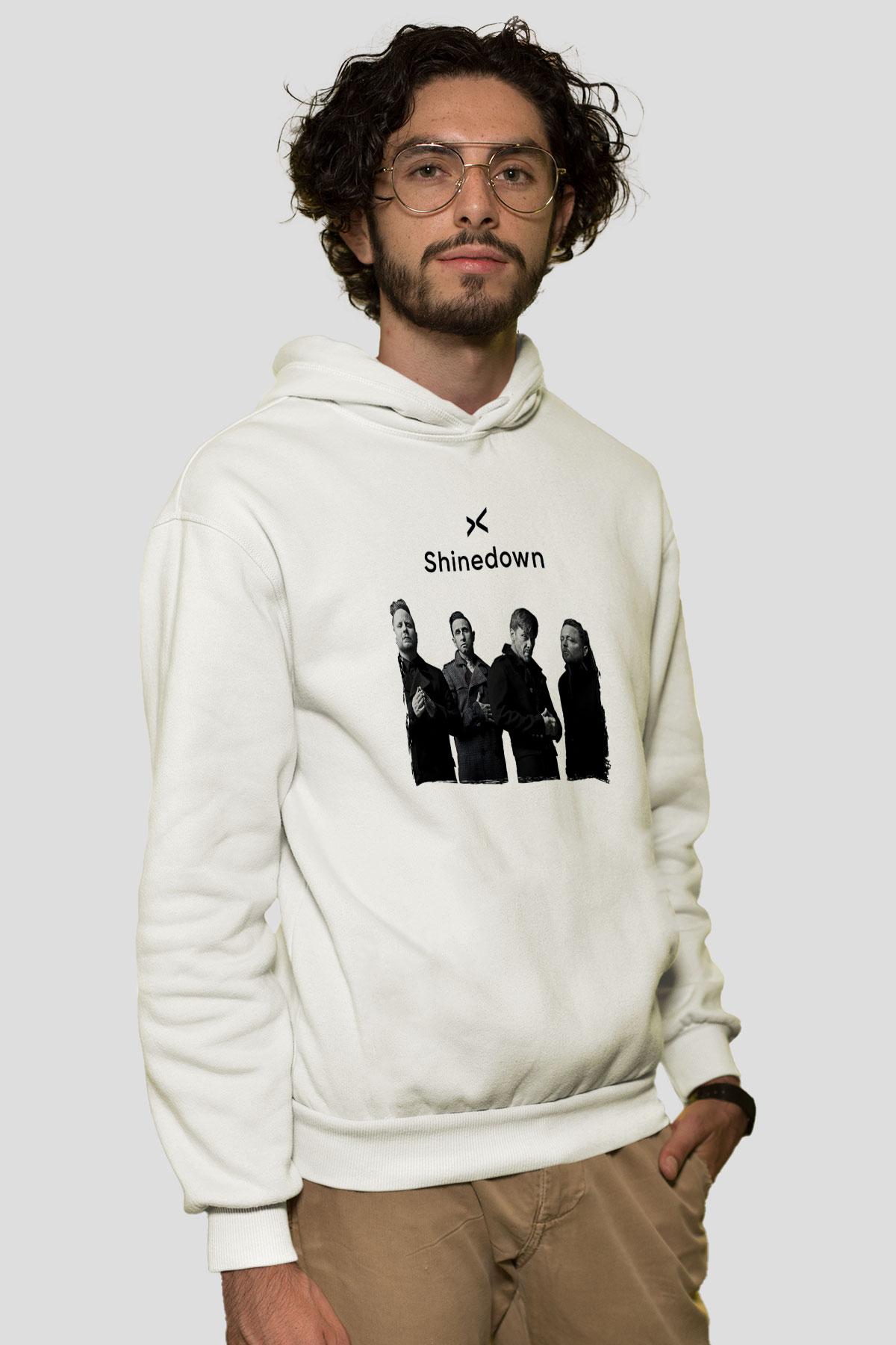 Shinedown Baskılı Beyaz Unisex Kapüşonlu Sweatshirt