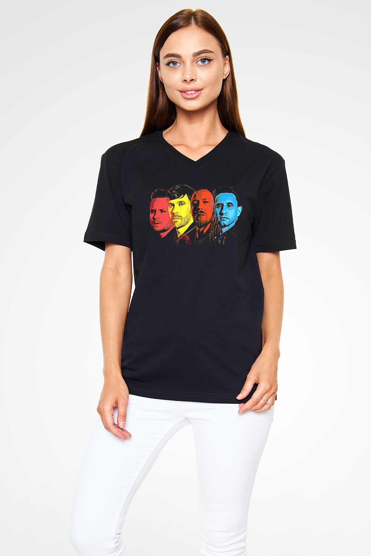 Shinedown Baskılı Unisex Siyah V Yaka Tişört - Tshirt