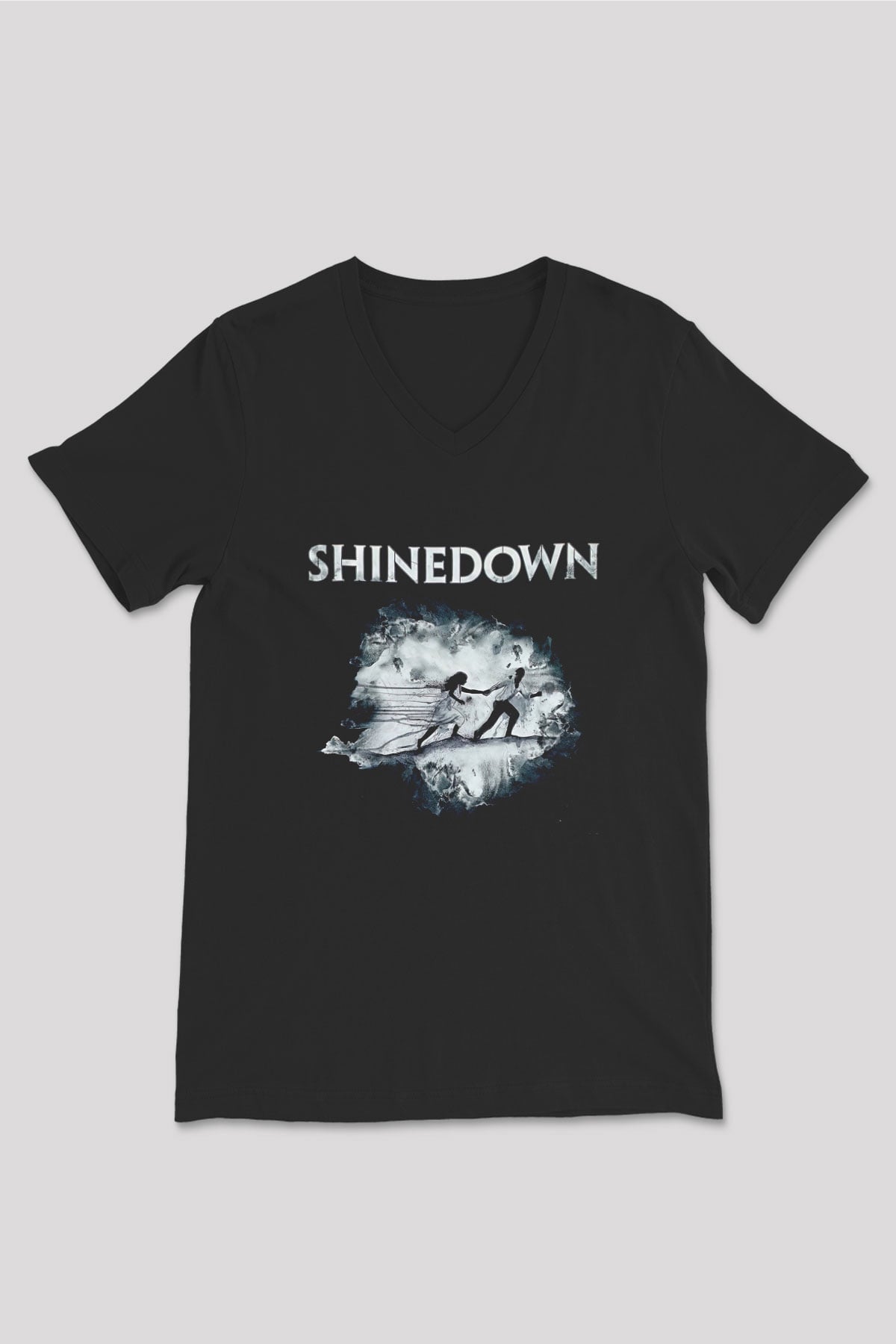 Shinedown Baskılı Unisex Siyah V Yaka Tişört - Tshirt