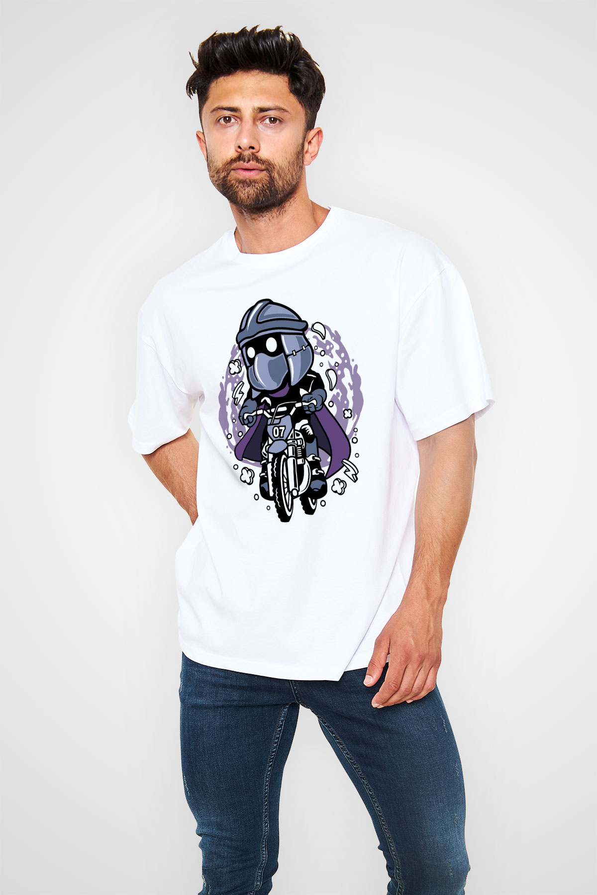 Shredder Biker Baskılı Beyaz Unisex Oversize Tişört