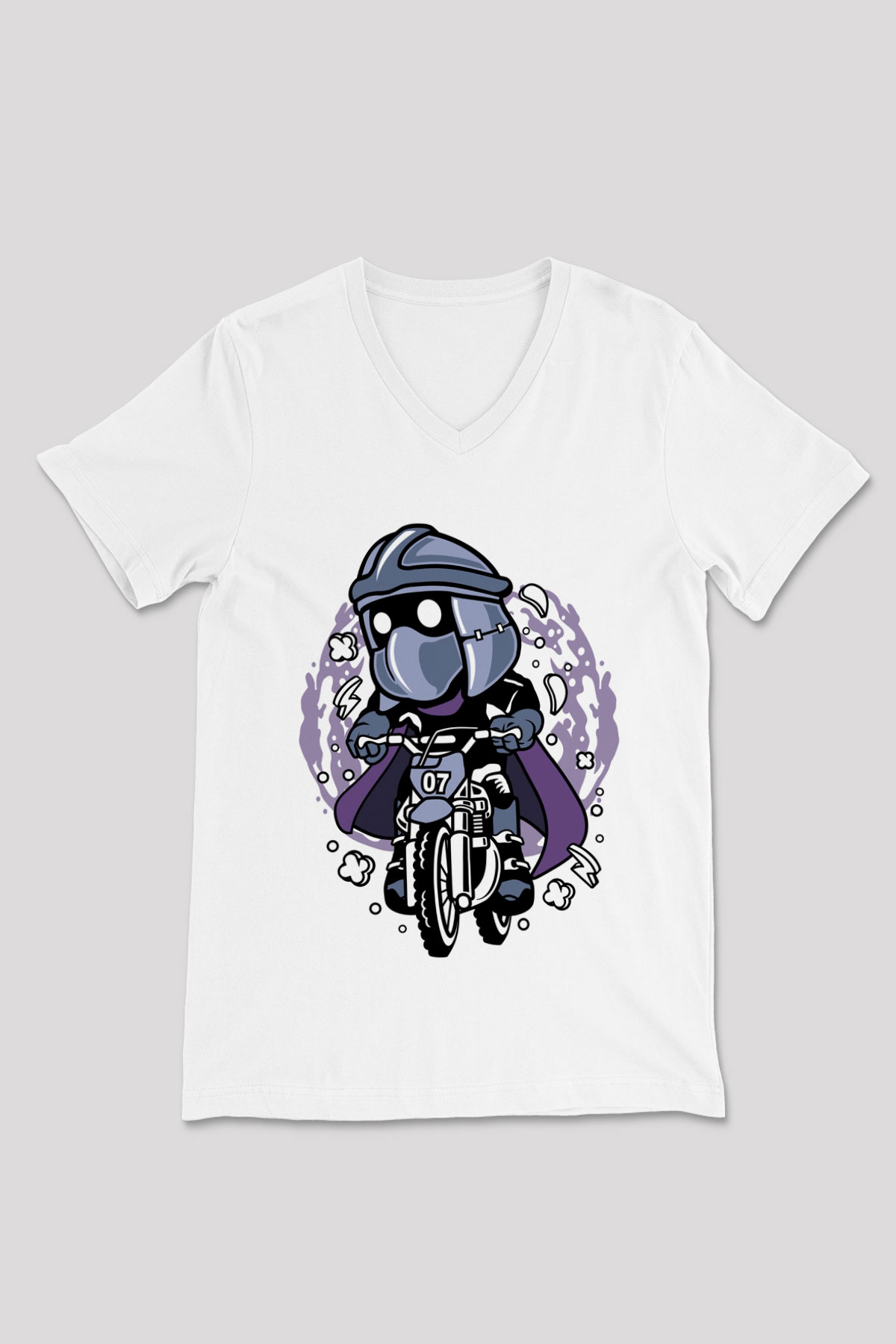 Shredder Biker Baskılı Beyaz Unisex V Yaka Tişört