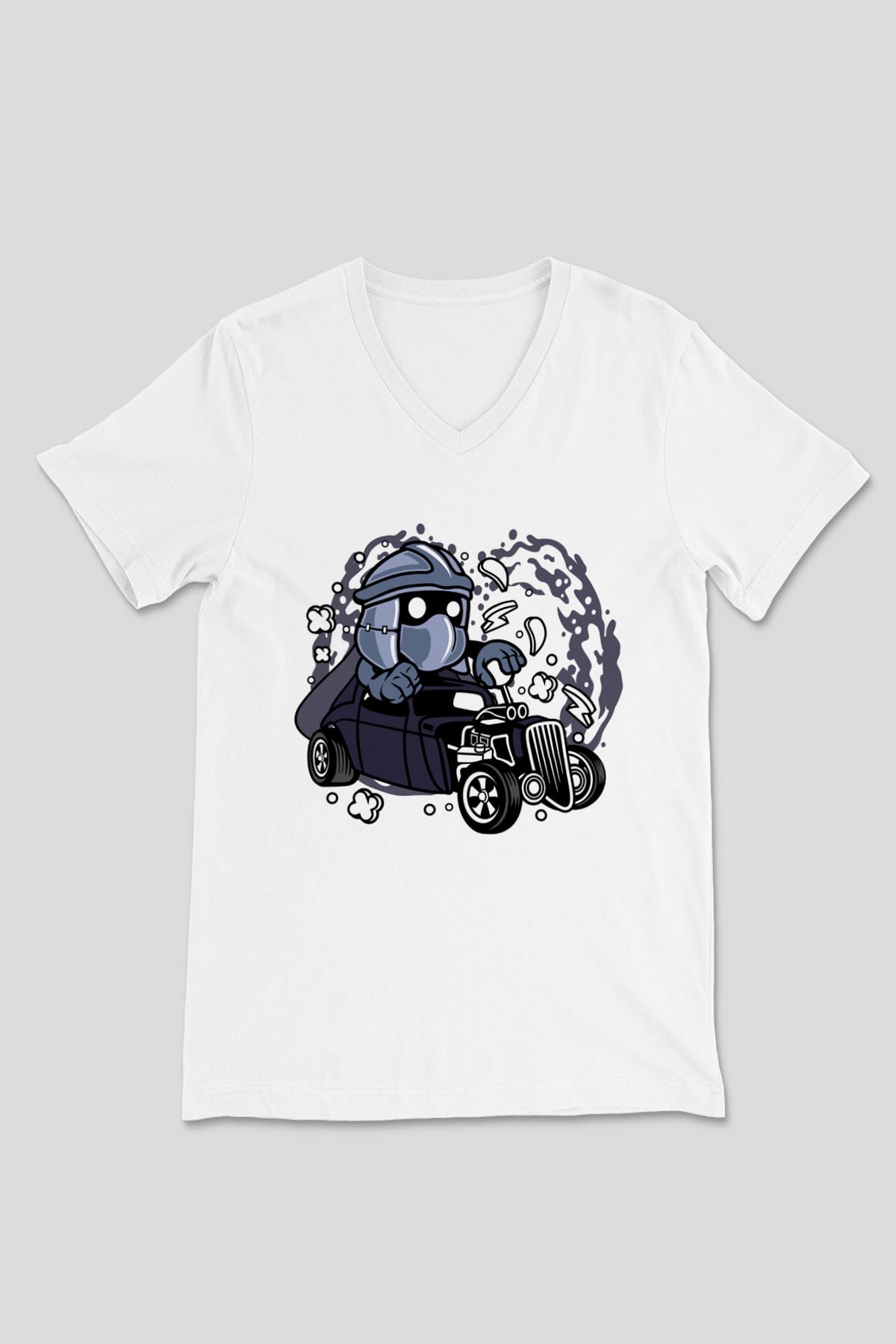 Shredder Hotrod Baskılı Beyaz Unisex V Yaka Tişört